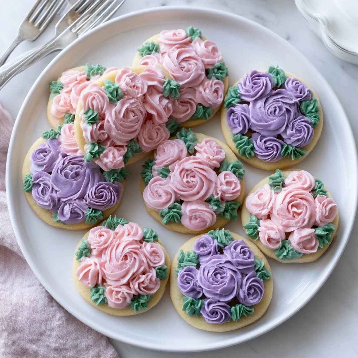 Golden sugar cookies topped with vibrant pink buttercream flowers piped with intricate petal details