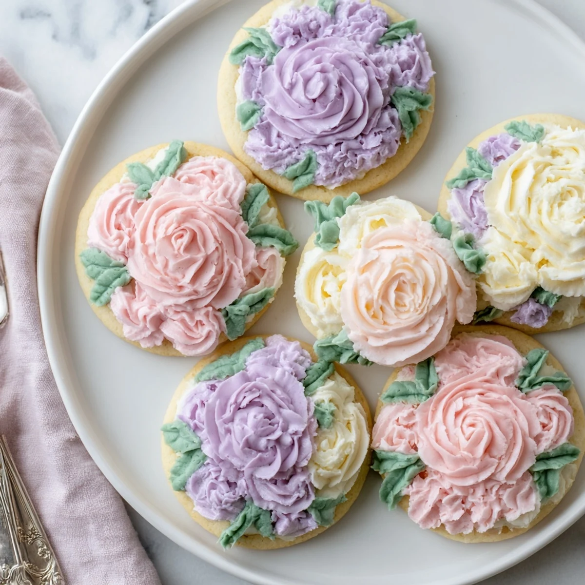 Decorative buttercream flower cookies featuring colorful rosettes and green leaves on white serving plate