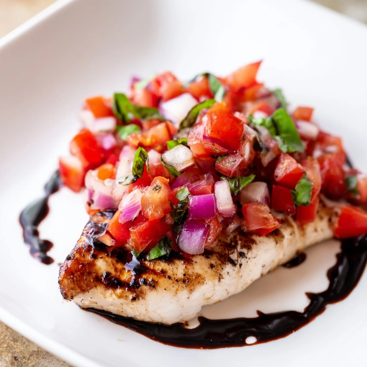 Golden pan-seared chicken breasts piled high with fresh tomato basil bruschetta topping
