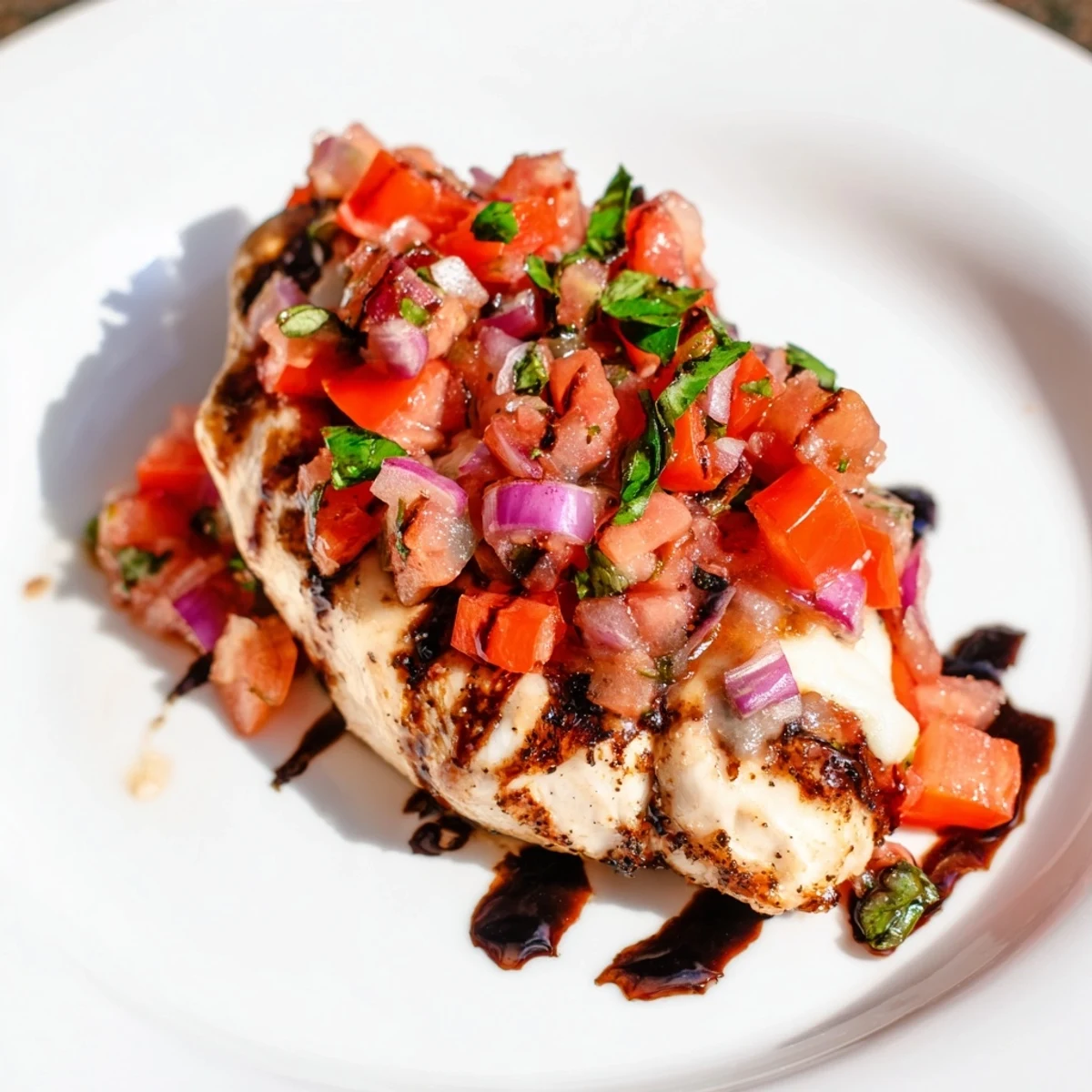 Savory Italian seasoned chicken topped with colorful diced tomatoes and fragrant fresh basil