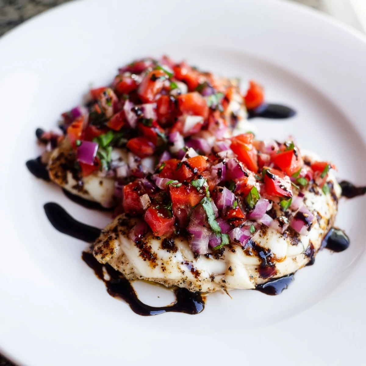 Juicy oven-baked bruschetta chicken drizzled with balsamic glaze and melted mozzarella cheese