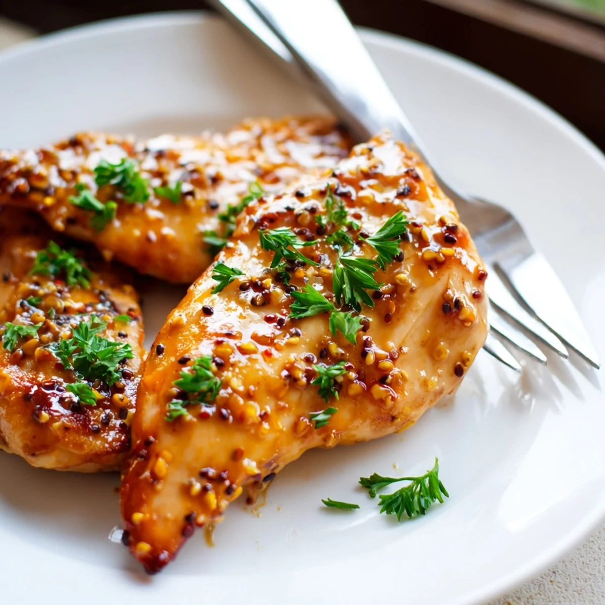 Golden oven baked honey mustard chicken with caramelized honey mustard sauce coating
