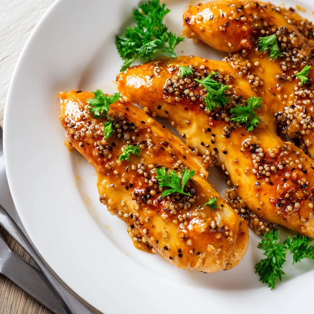 Weeknight dinner of tender honey mustard chicken served with fresh parsley garnish