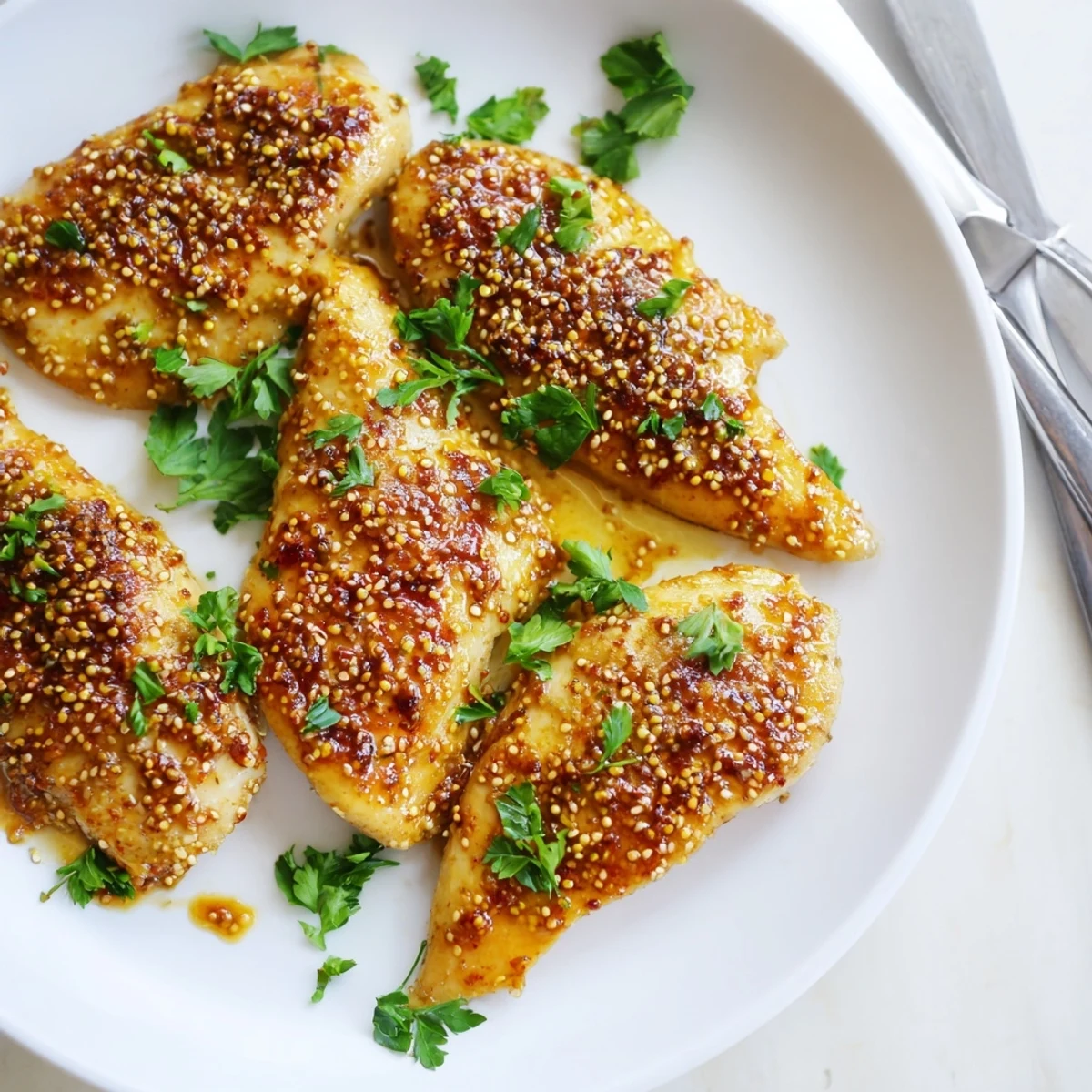 Juicy chicken breasts glazed in honey mustard sauce, baked until bubbling and golden