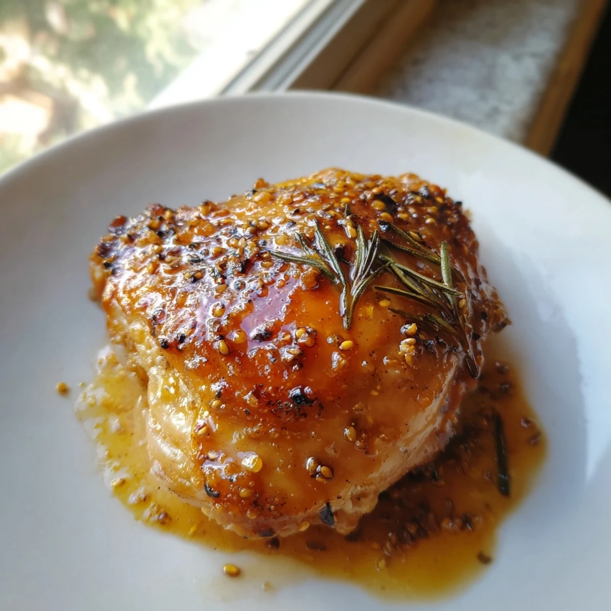 Golden chicken thighs glazed with honey mustard sauce fresh from the oven