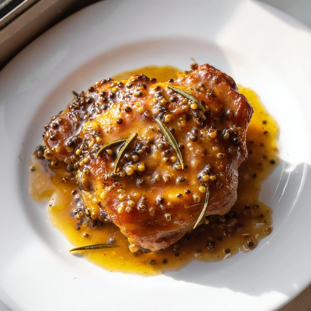 Crispy baked honey mustard chicken resting in a savory sweet tangy glaze