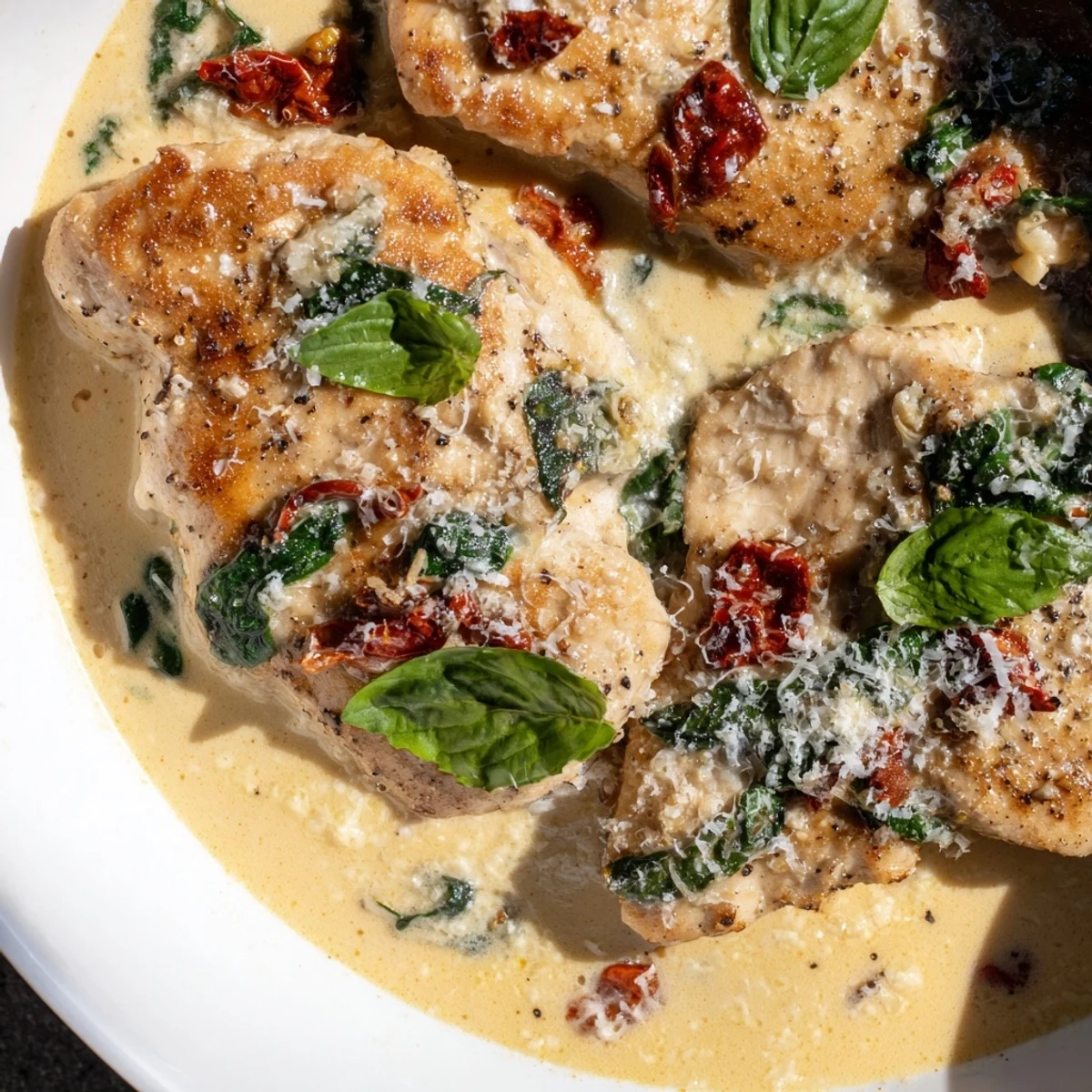 Golden seared chicken breasts resting in a rich creamy sauce with sun-dried tomatoes and wilted spinach