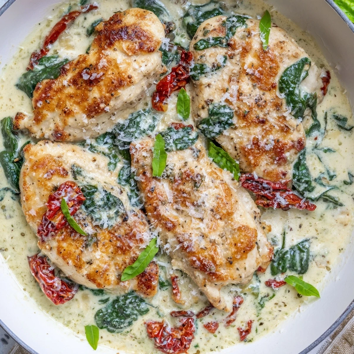 Plated chicken dish coated in velvety white sauce dotted with red sun-dried tomatoes and fresh basil