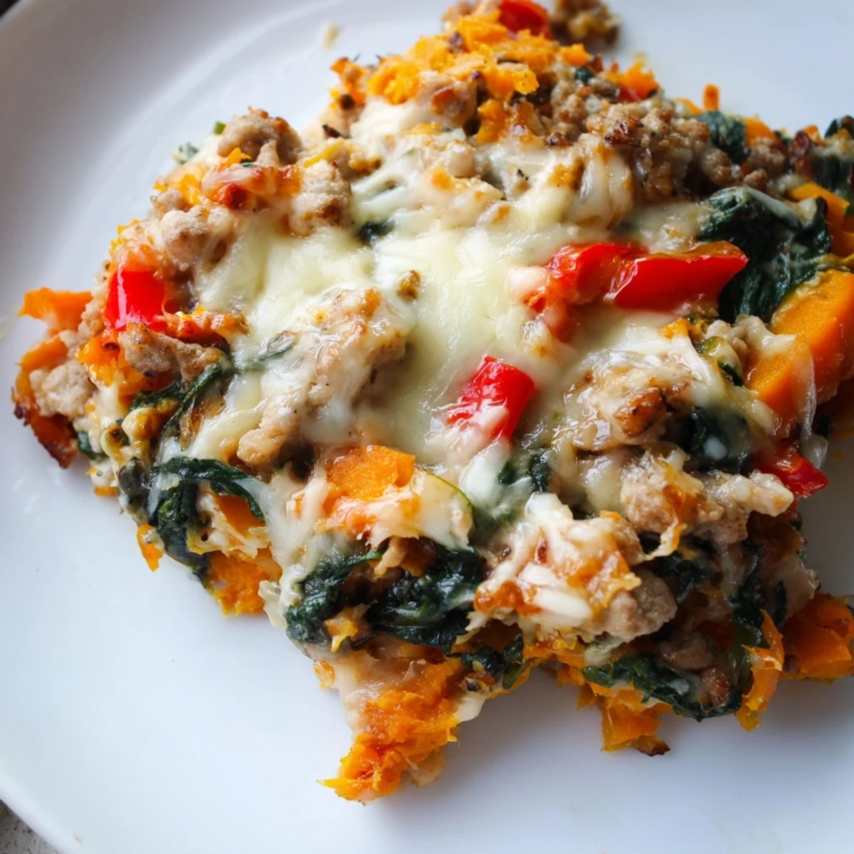 Golden brown ground turkey sweet potato bake casserole with melted mozzarella and colorful vegetables