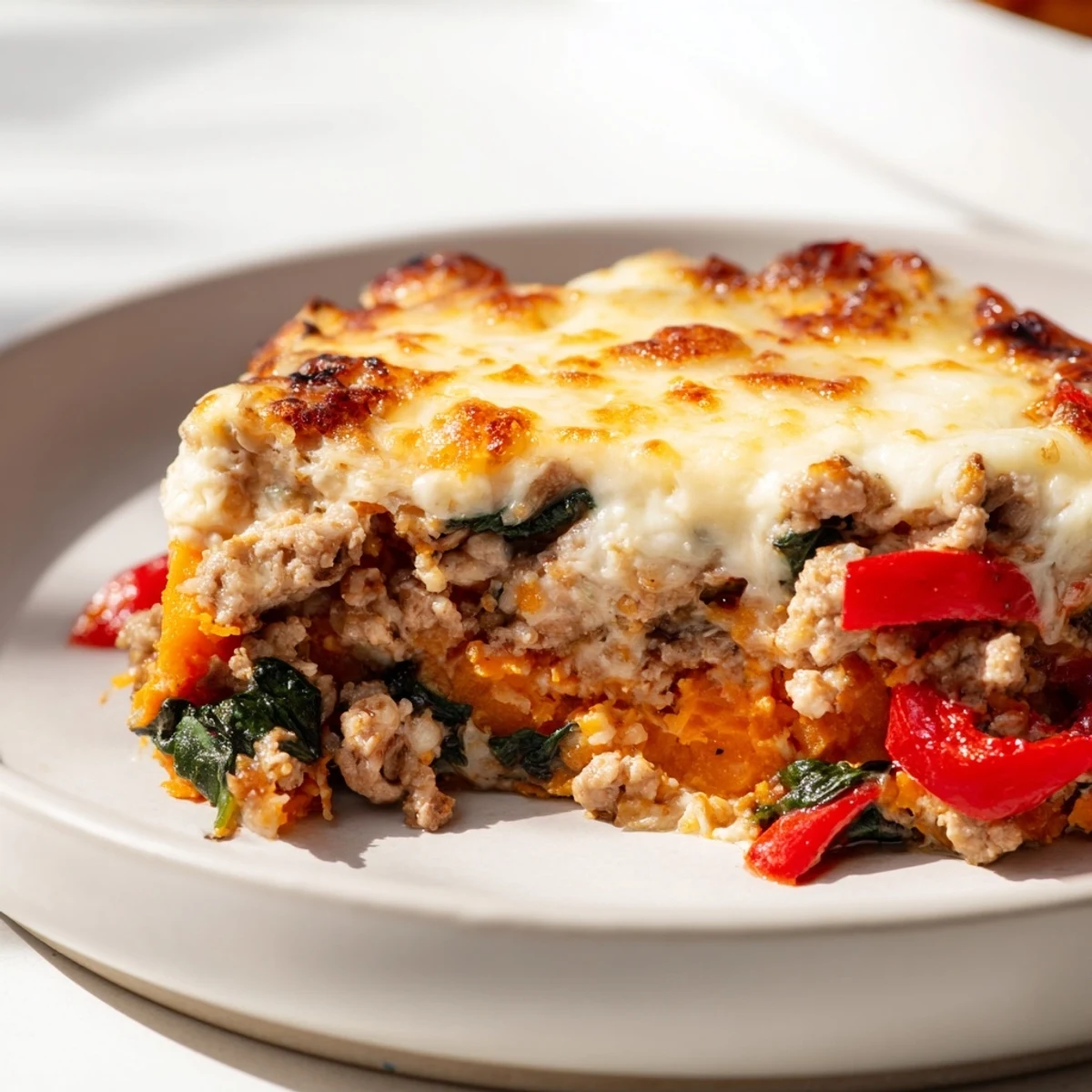 Savory ground turkey sweet potato bake casserole fresh from the oven with spinach and peppers