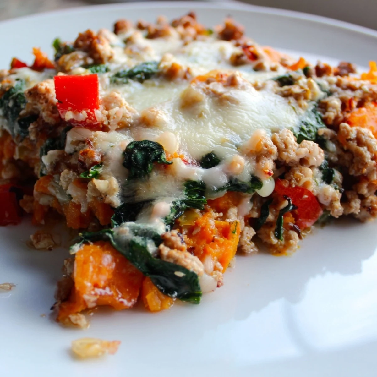 Hearty ground turkey sweet potato bake casserole featuring tender diced sweet potatoes and bubbly cheese topping