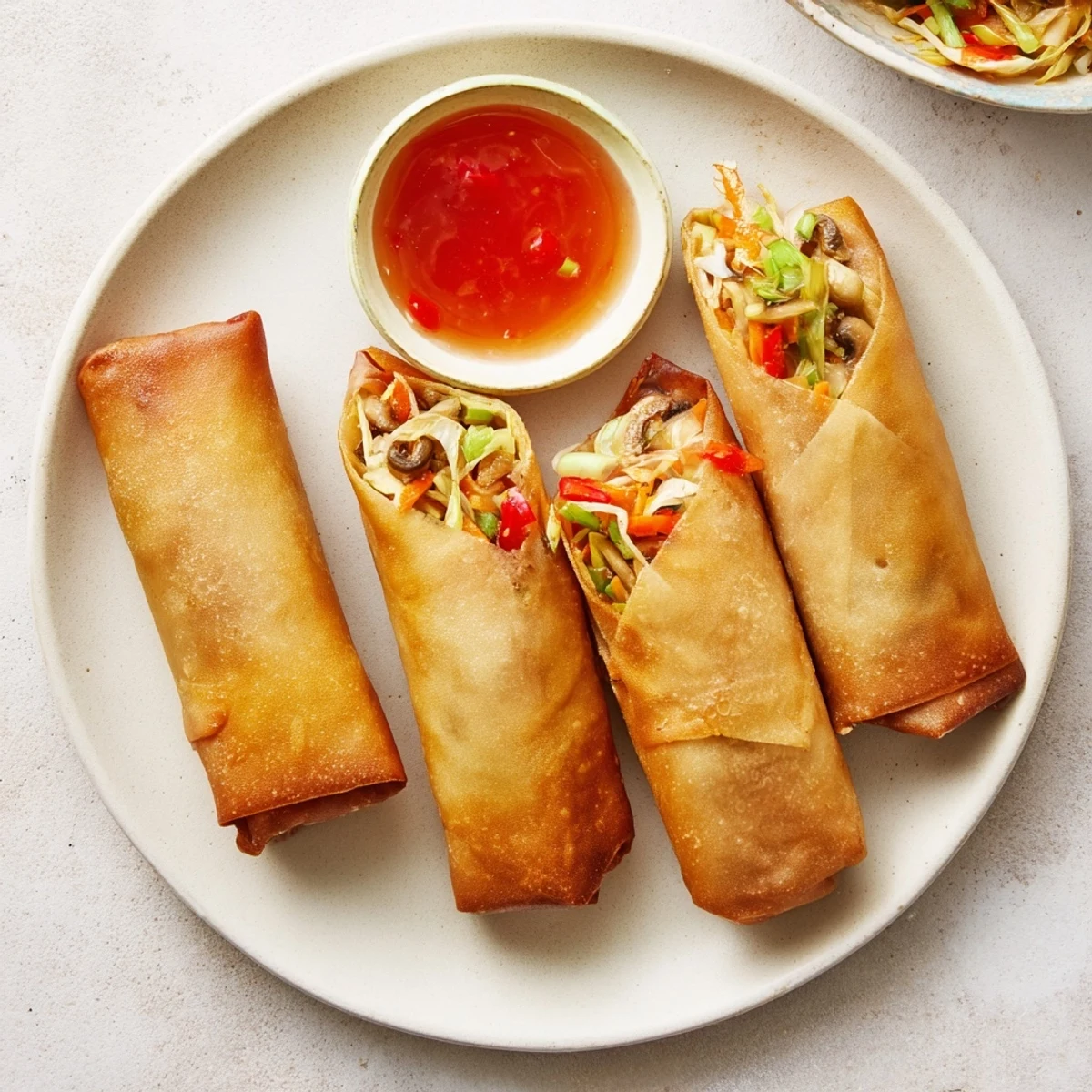 Golden Chinese vegetable spring rolls filled with colorful cabbage, carrots, and crispy vegetables