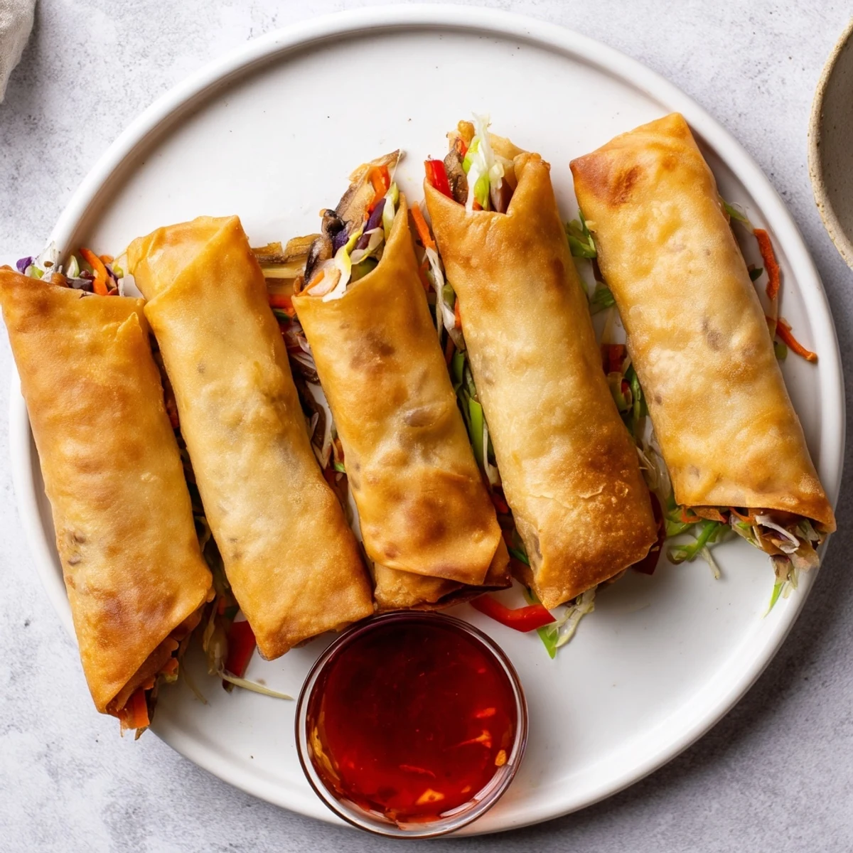 Crispy fried Chinese vegetable spring rolls featuring a savory vegetable filling served on white plate