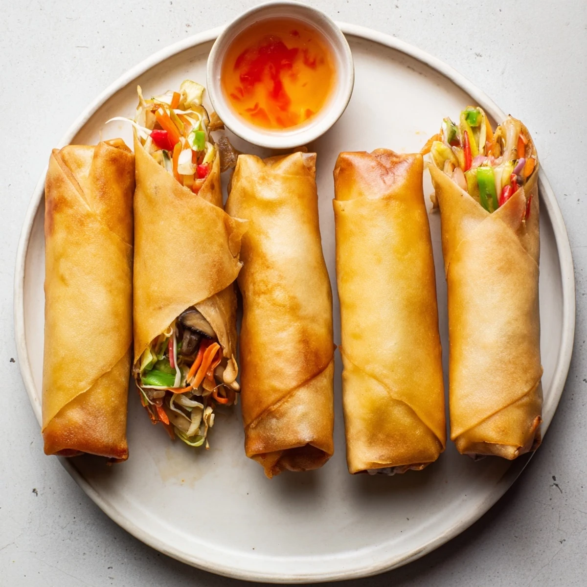 Homemade Chinese vegetable spring rolls with fresh shredded vegetables wrapped in golden pastry