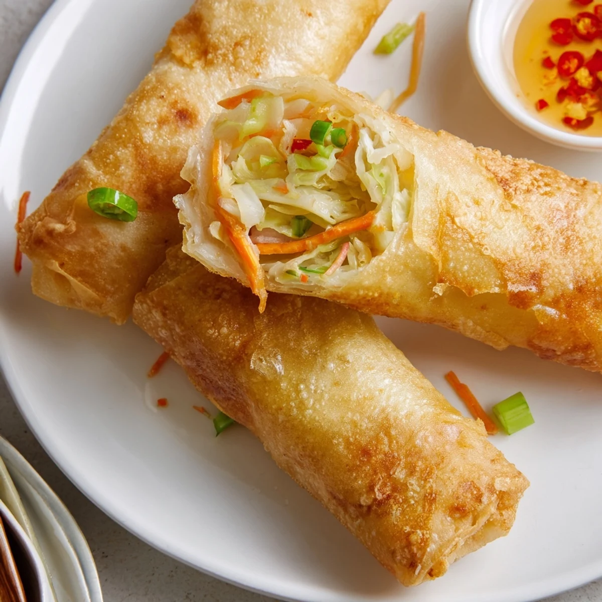Golden crispy Air Fryer Spring Rolls filled with colorful vegetable medley on serving plate