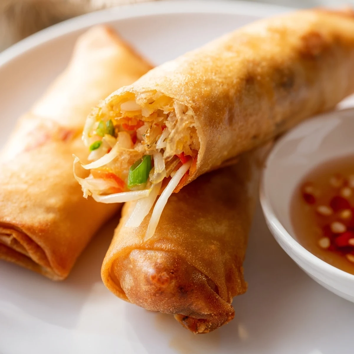 Vegetable stuffed Air Fryer Spring rolls arranged on white plate with dipping sauce bowl