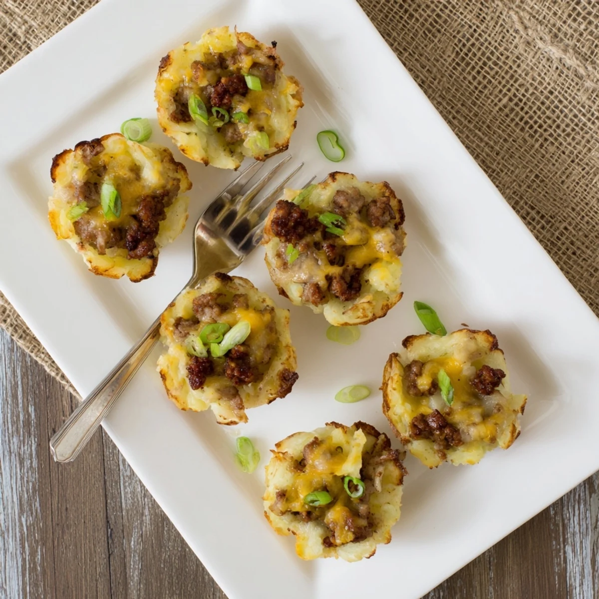 Golden crispy potato cups filled with savory Irish sausage and melted cheddar cheese