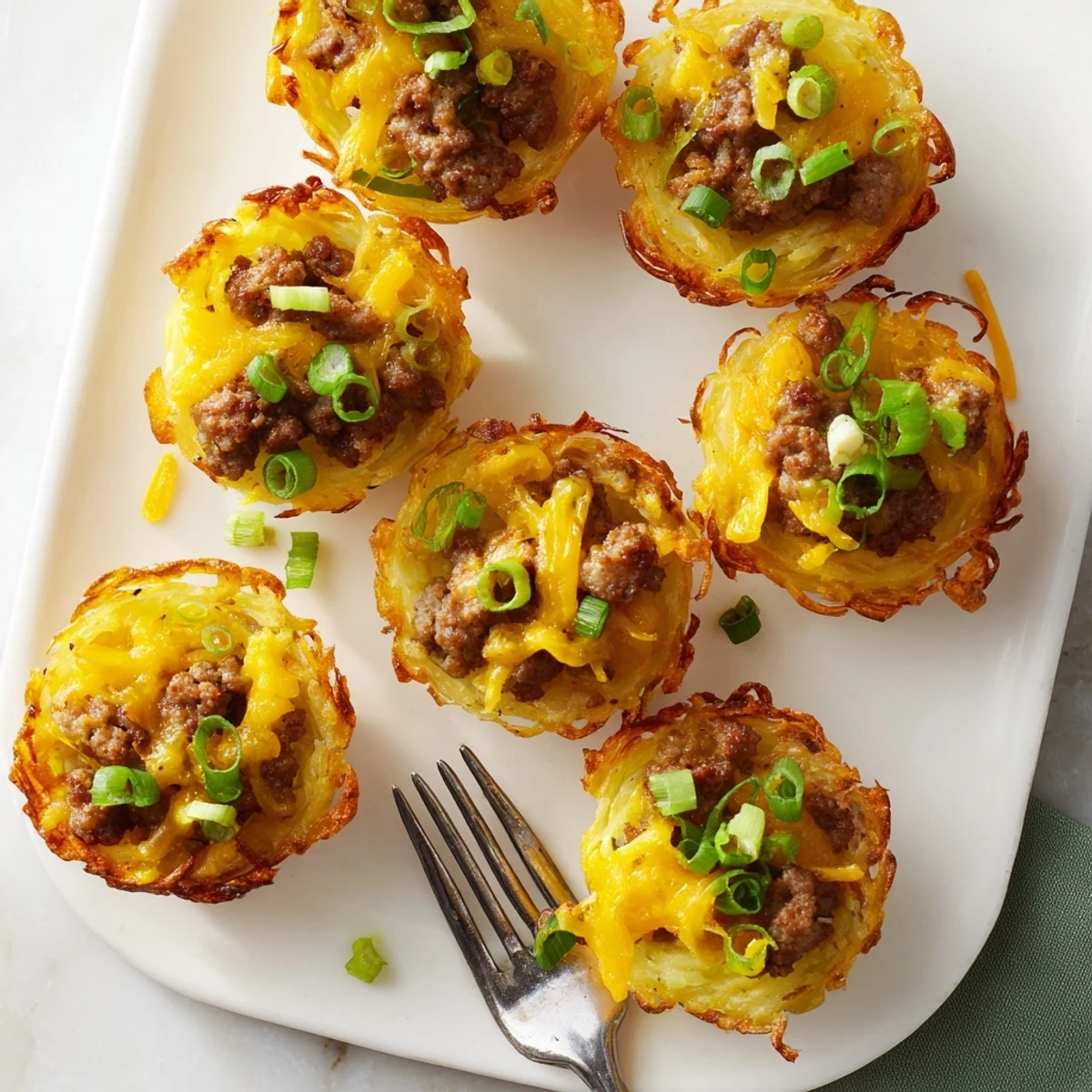 Baked potato nests stuffed with seasoned bangers and topped with gooey Irish cheddar