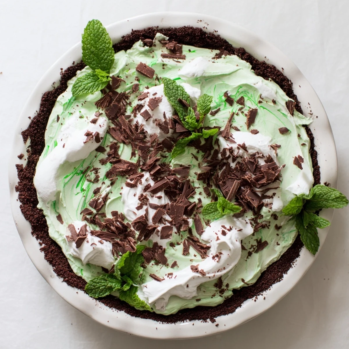 Freshly sliced Shamrock Swirl Pie garnished with chocolate shavings and mint leaves on white plate