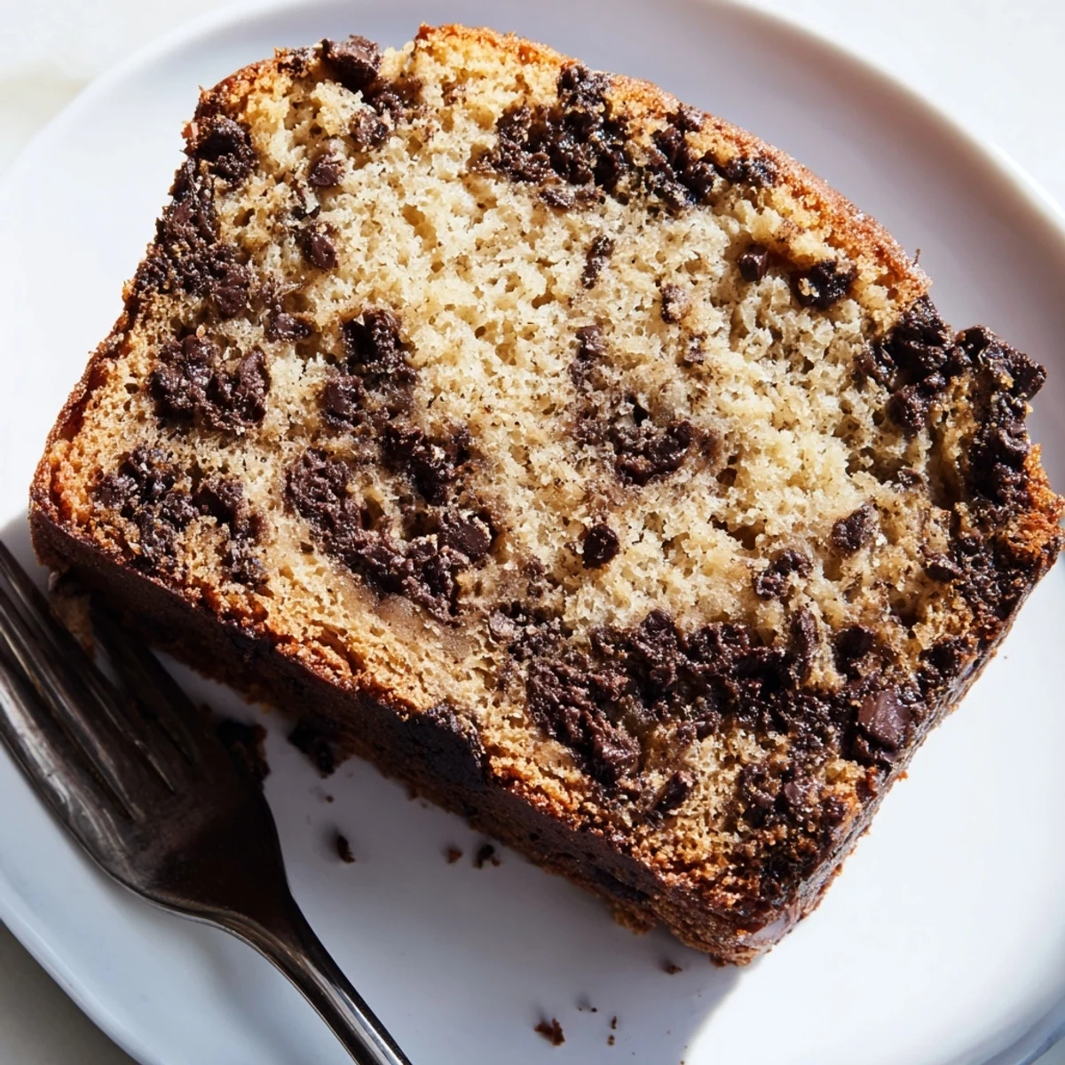 Thick slice of moist chocolate chip banana bread showing scattered chocolate chunks and tender crumb