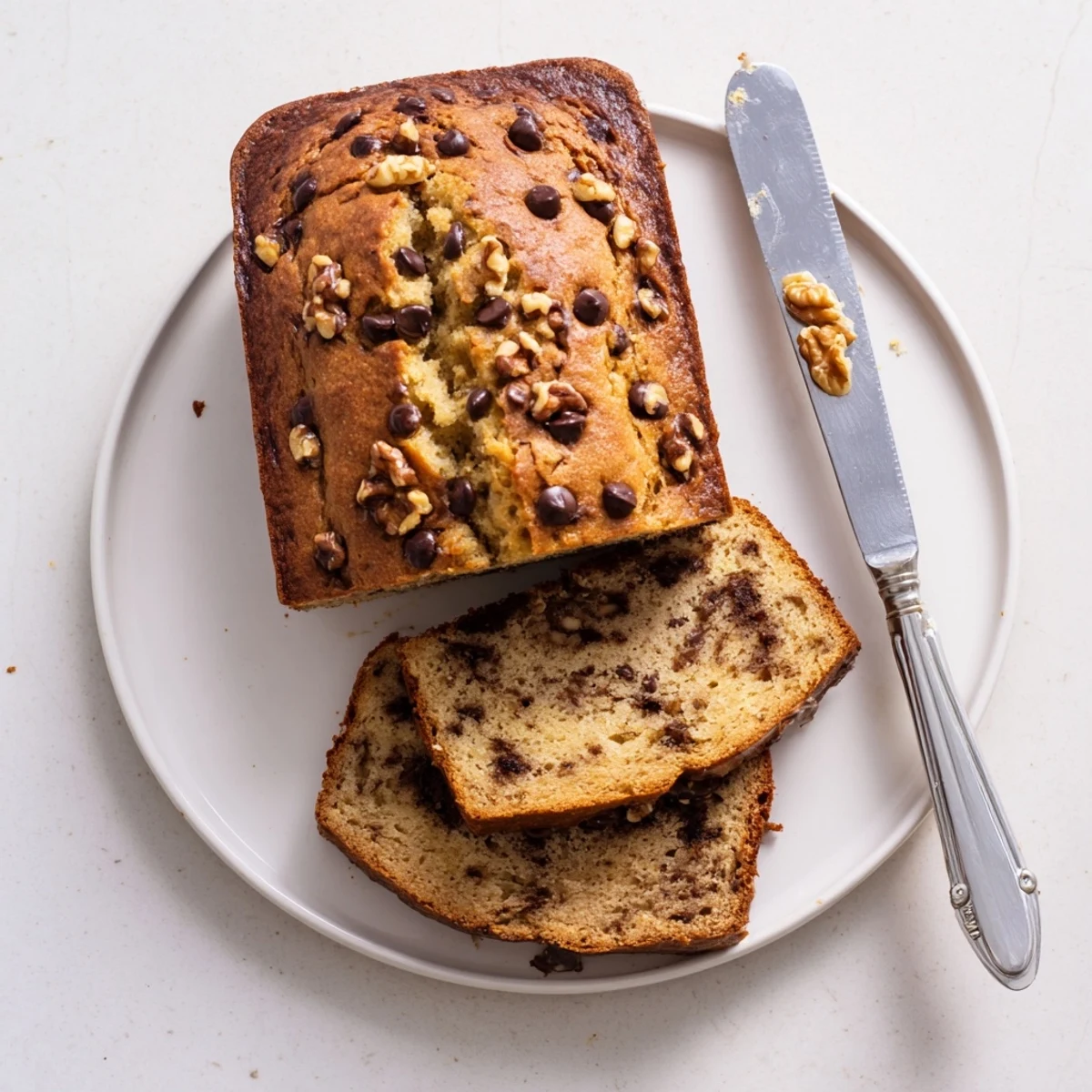 Golden chocolate chip banana bread loaf sliced on a wooden cutting board with melting chips