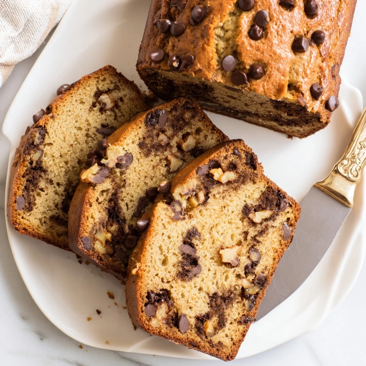 Thick slice of chocolate chip banana bread served on a white plate with a cup of coffee