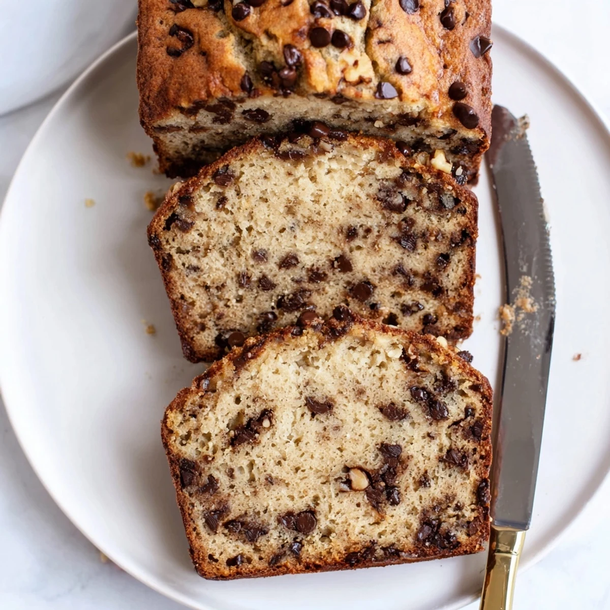 Super moist chocolate chip banana bread fresh from the oven with a golden cracked crust