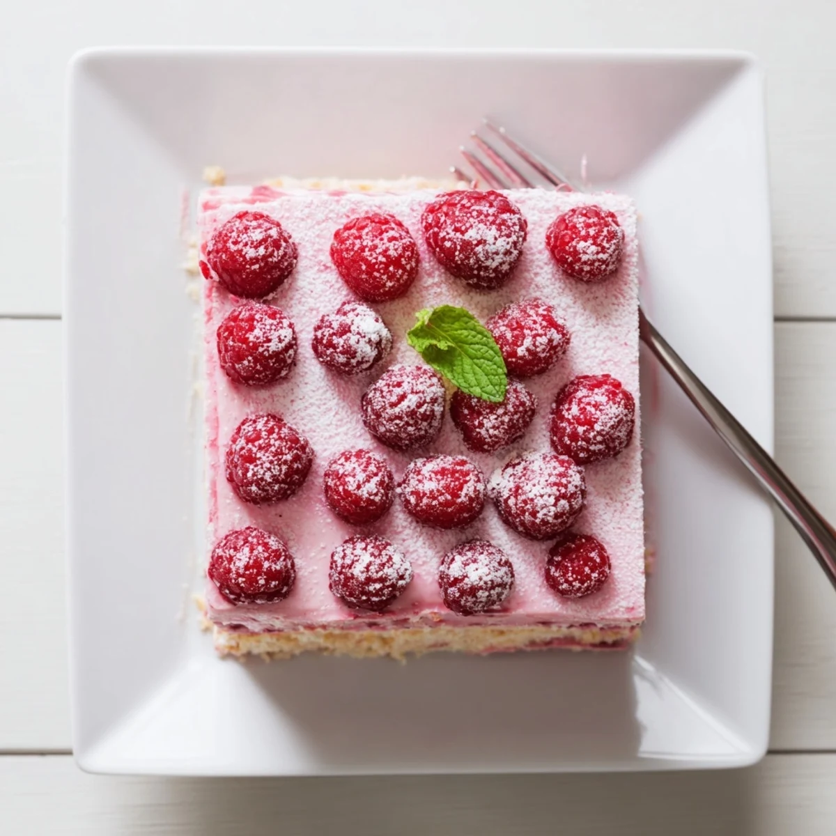 Elegant raspberry mousse cake featuring fluffy almond sponge layers topped with vibrant fresh red raspberries