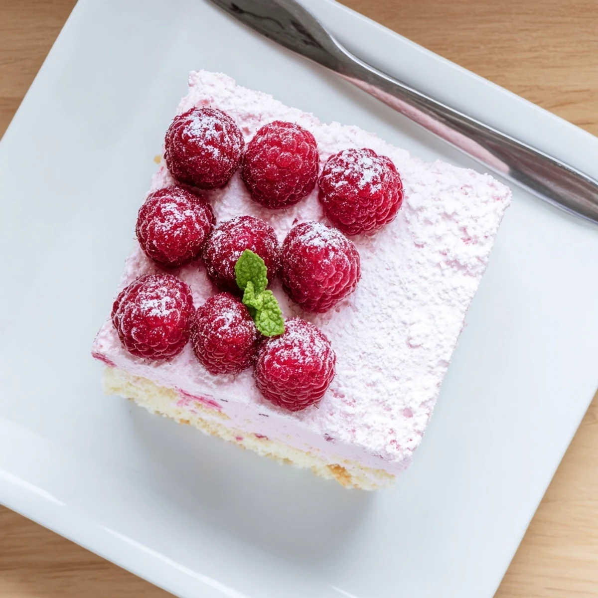 Light and airy almond sponge cake layered with smooth pink raspberry mousse and ruby berry garnish