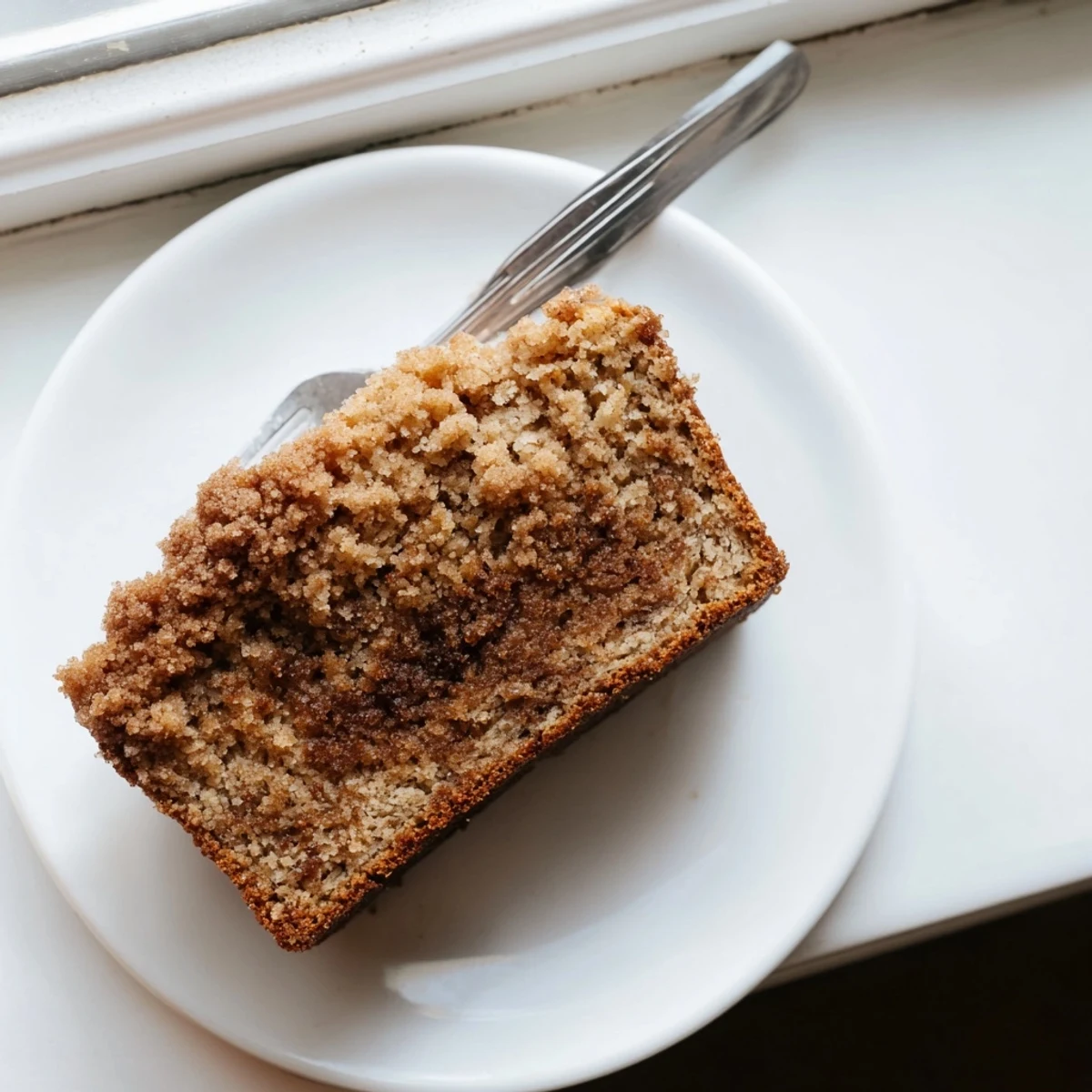 Golden cinnamon crumb banana bread loaf with crunchy brown sugar topping sliced on a wooden board