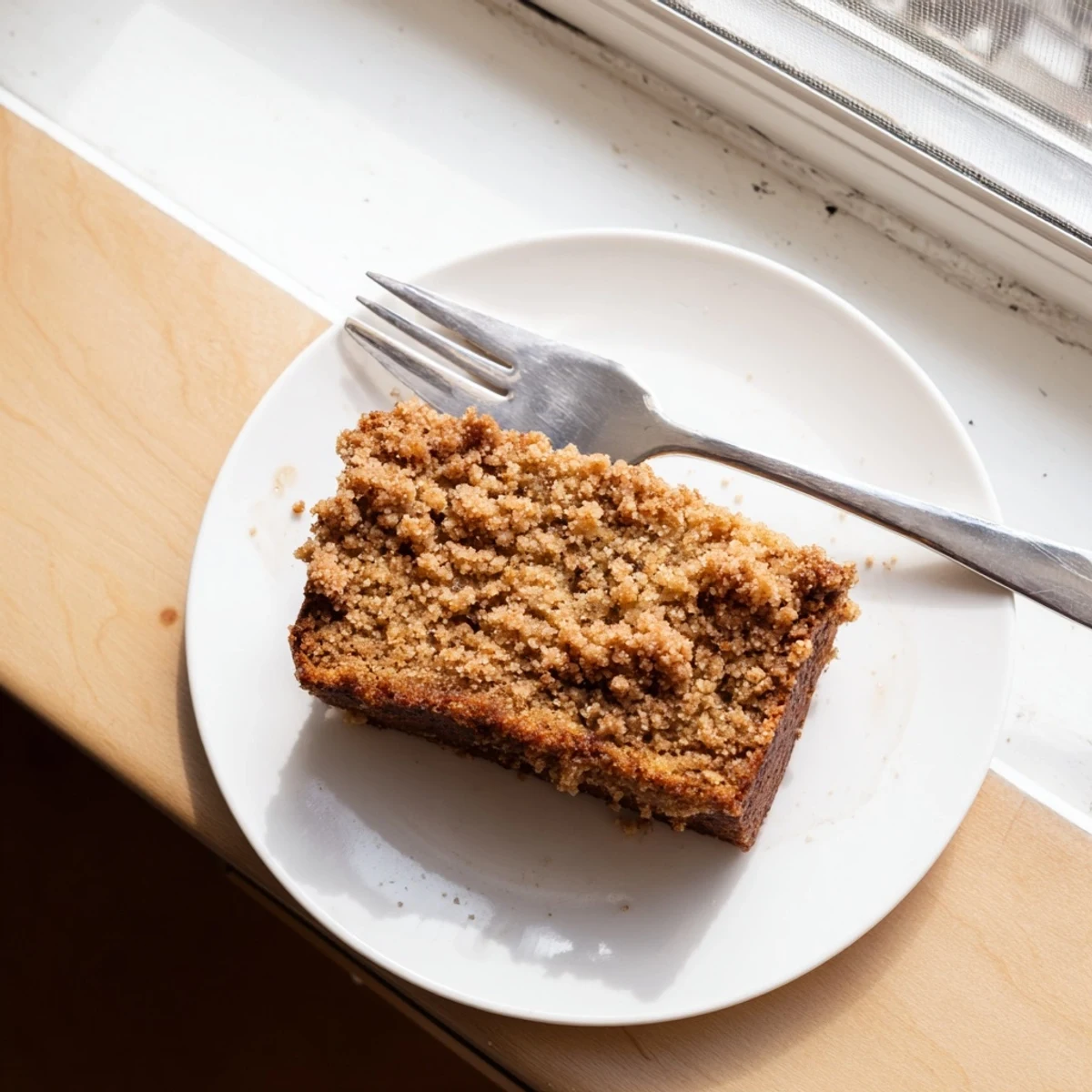 Warm homemade cinnamon crumb banana bread with streusel topping served with melted butter on plate