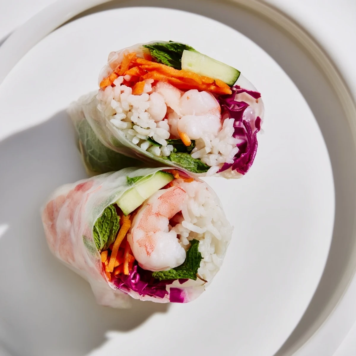 Fresh shrimp wrapped in translucent rice paper with colorful vegetables and herbs