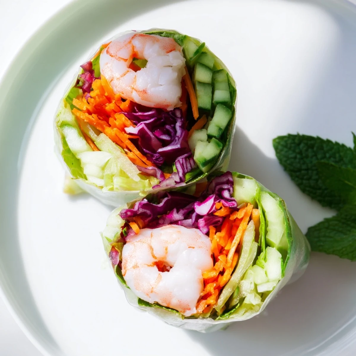 Thai shrimp rolls served on a white plate with creamy peanut dipping sauce