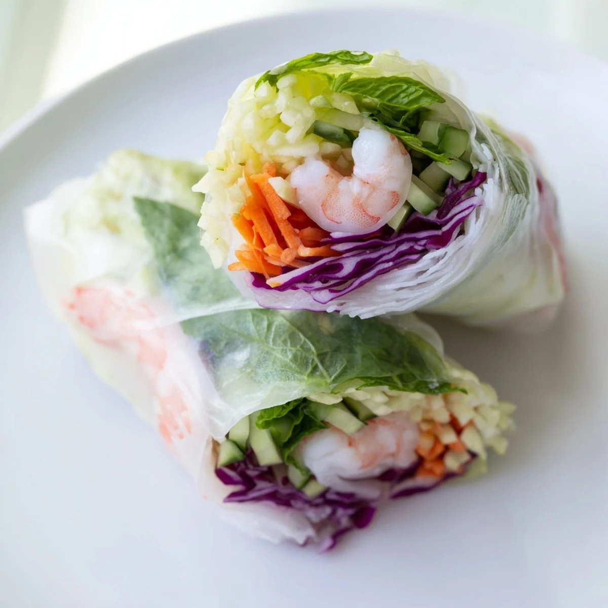 Close-up of translucent rice paper rolls revealing pink shrimp and crisp julienned vegetables