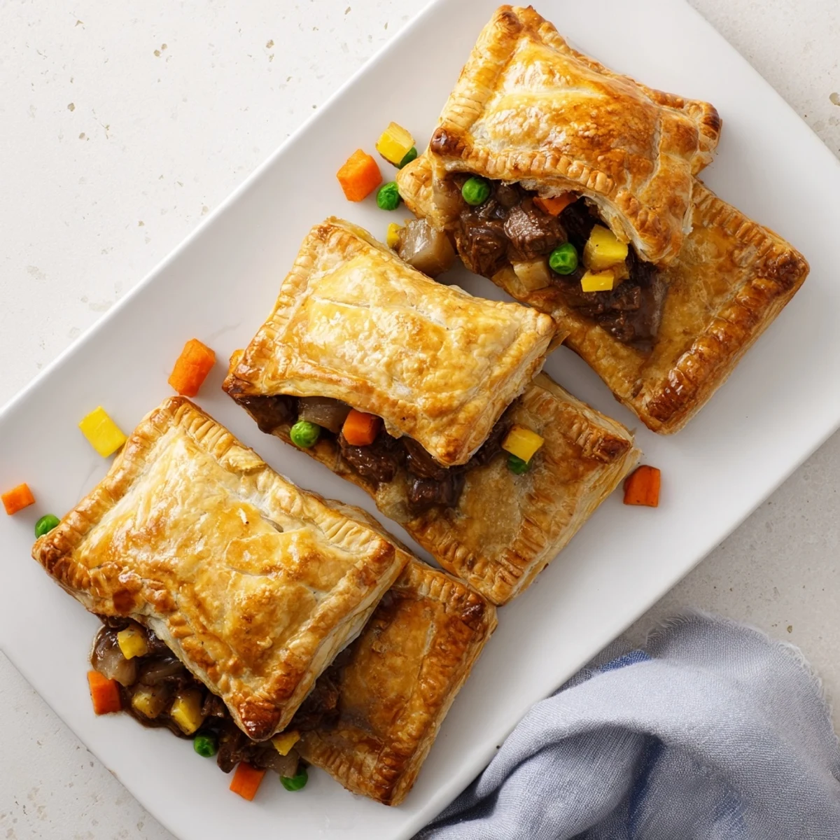 Baked handheld pastries stuffed with tender beef chunks in rich dark Guinness gravy