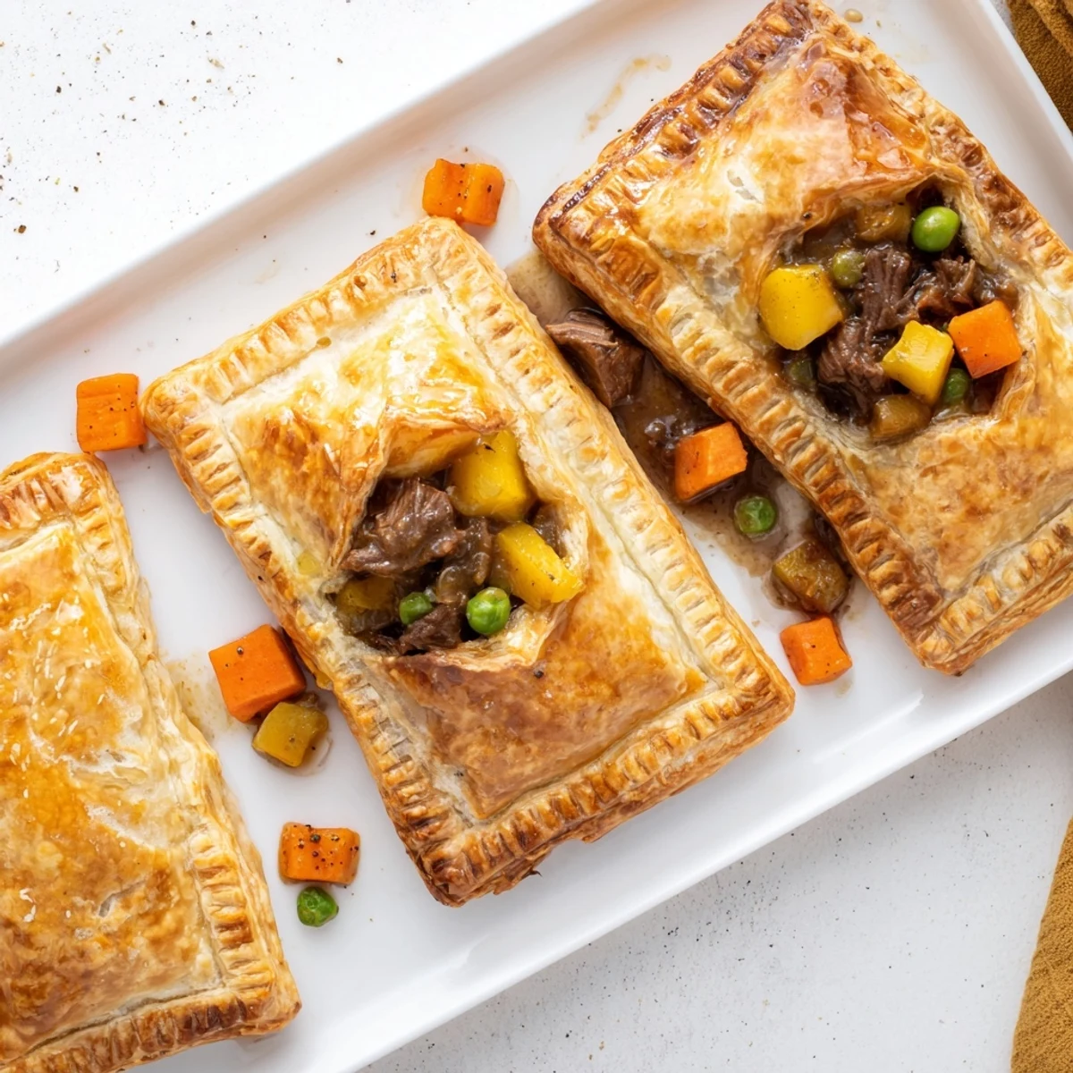 Homemade beef and Guinness hand pies featuring golden puff pastry and hearty root vegetables
