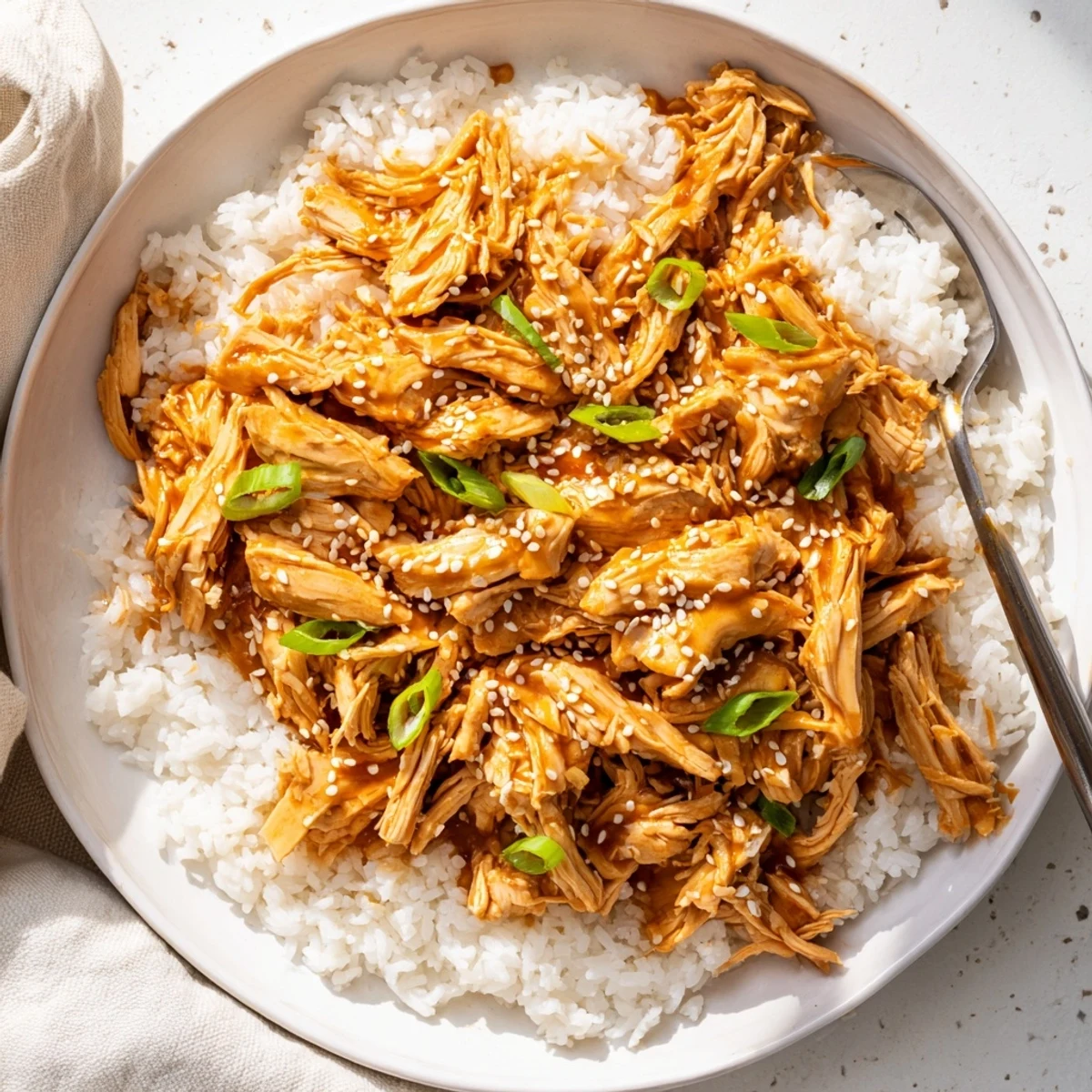 Tender Crock Pot sesame chicken served over steaming white rice with fresh green onion garnish
