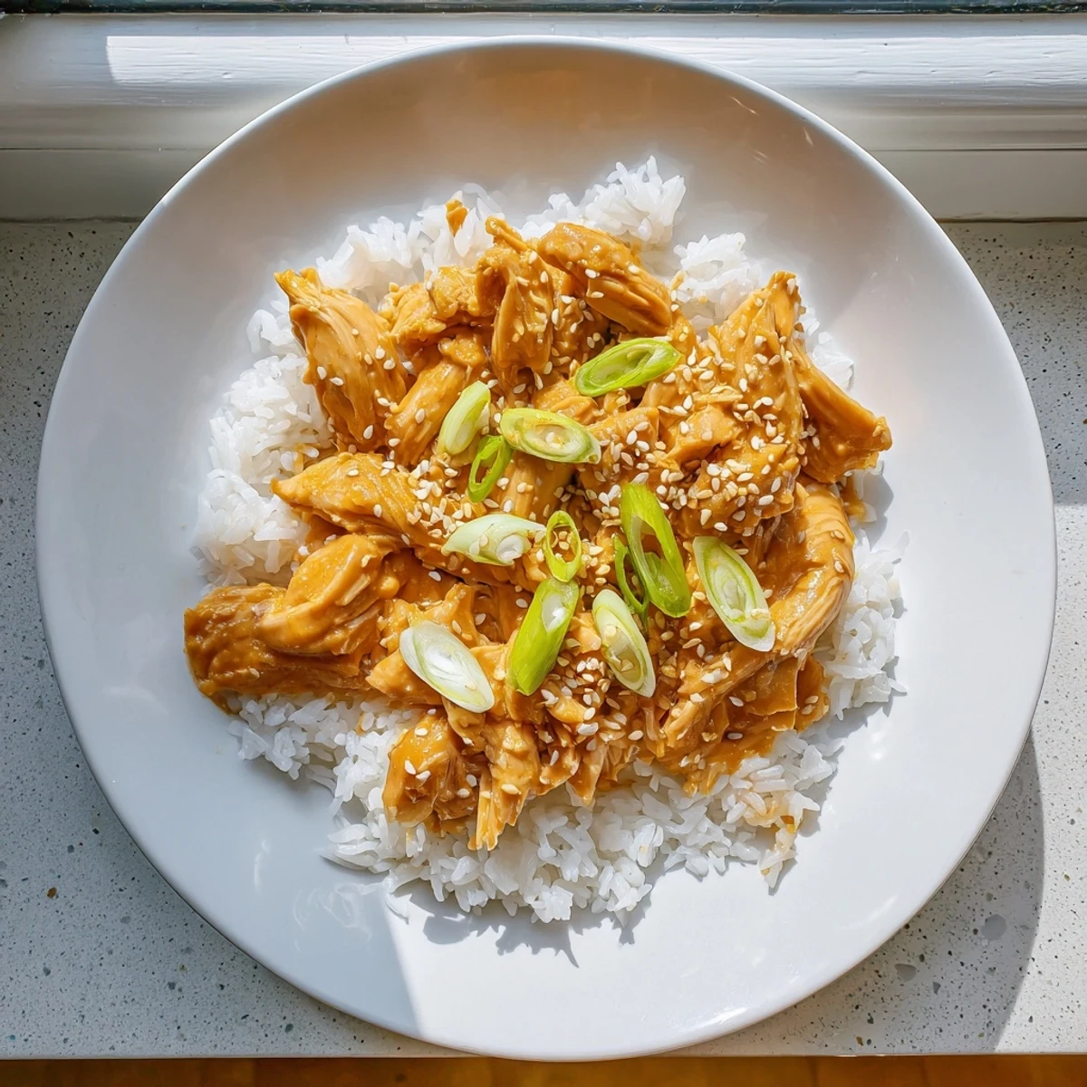 Golden brown sesame chicken thighs in slow cooker with thick savory sauce and sesame seed topping