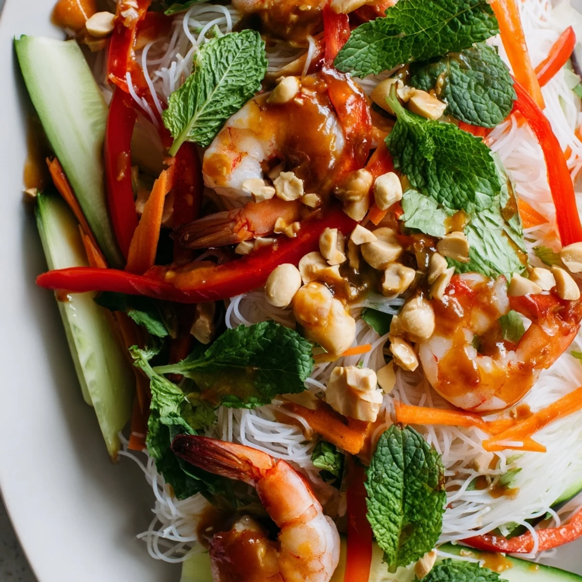 Colorful spring roll salad with crisp vegetables, shrimp, rice noodles, and spicy ginger dressing drizzled over fresh herbs