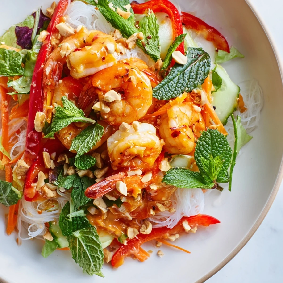 Vibrant bowl of spring roll salad featuring tender shrimp, julienned vegetables, vermicelli noodles, and zesty ginger dressing