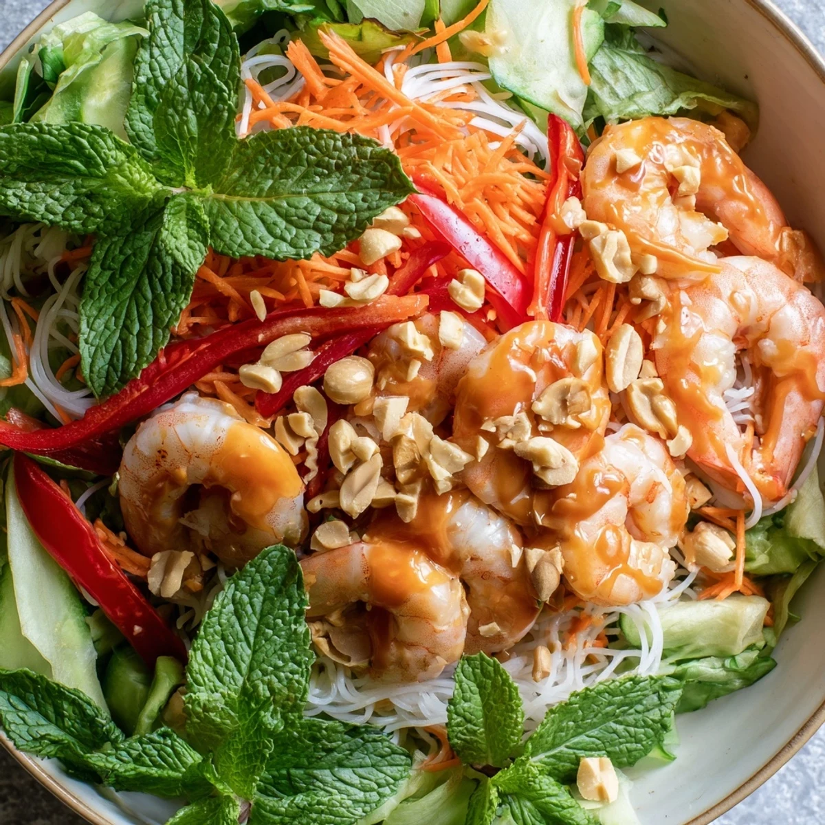 Fresh spring roll salad arranged with crisp veggies, succulent shrimp, mint, cilantro, and peanuts in spicy ginger dressing