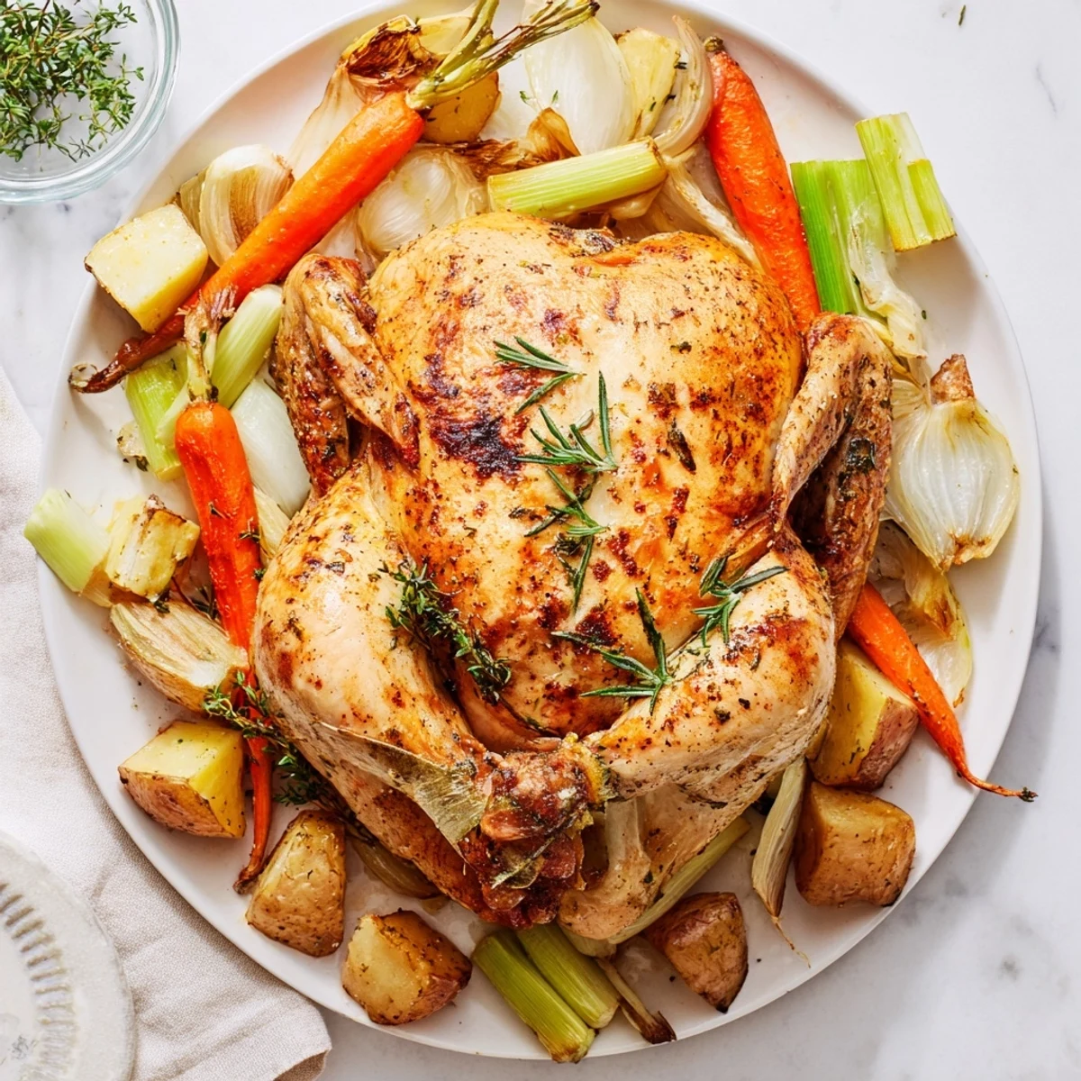 Golden whole slow-cooked chicken surrounded by tender carrots, potatoes, and celery in a rich savory broth
