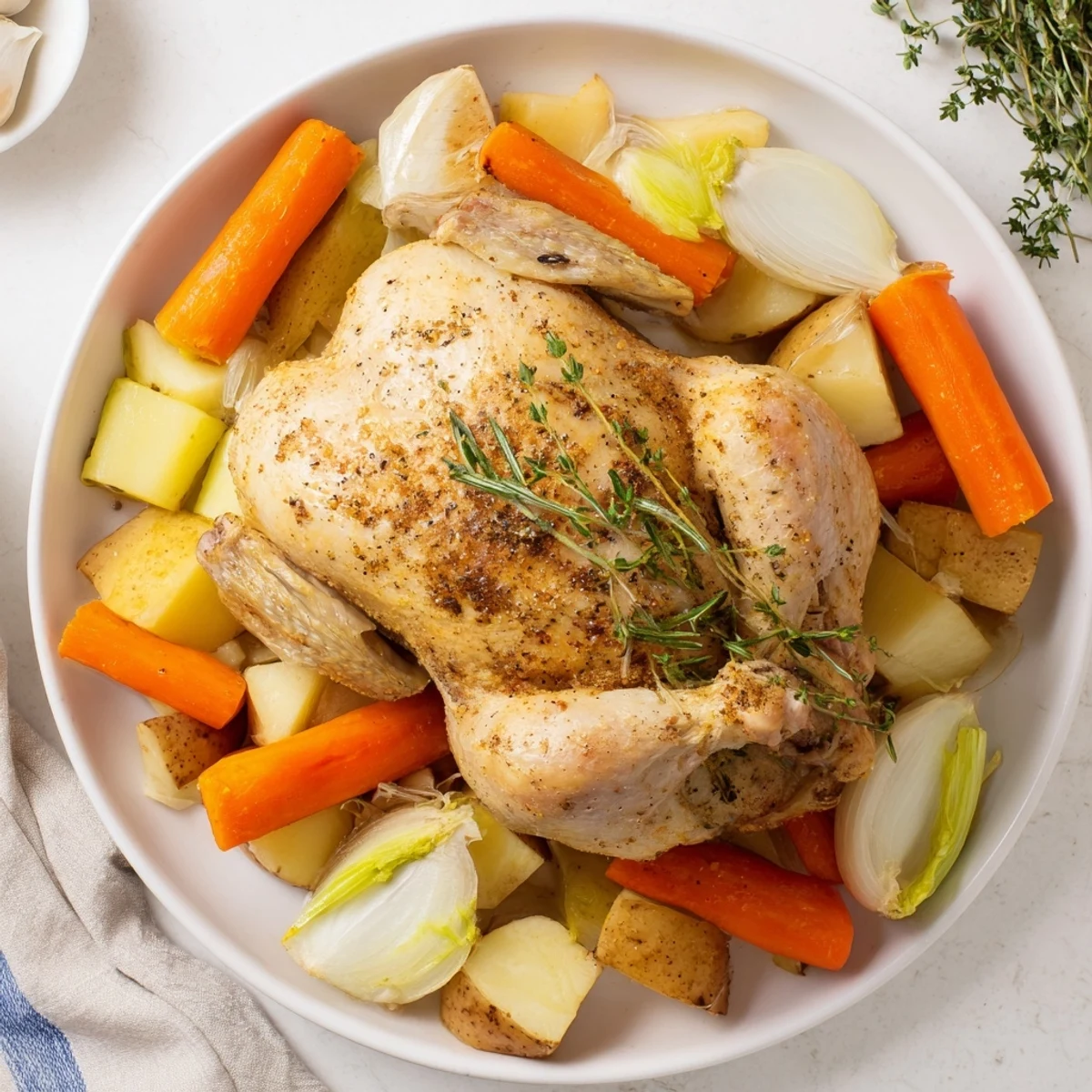 Comforting Crockpot chicken pot roast with herb-roasted bird nestled alongside soft root vegetables and aromatic onions