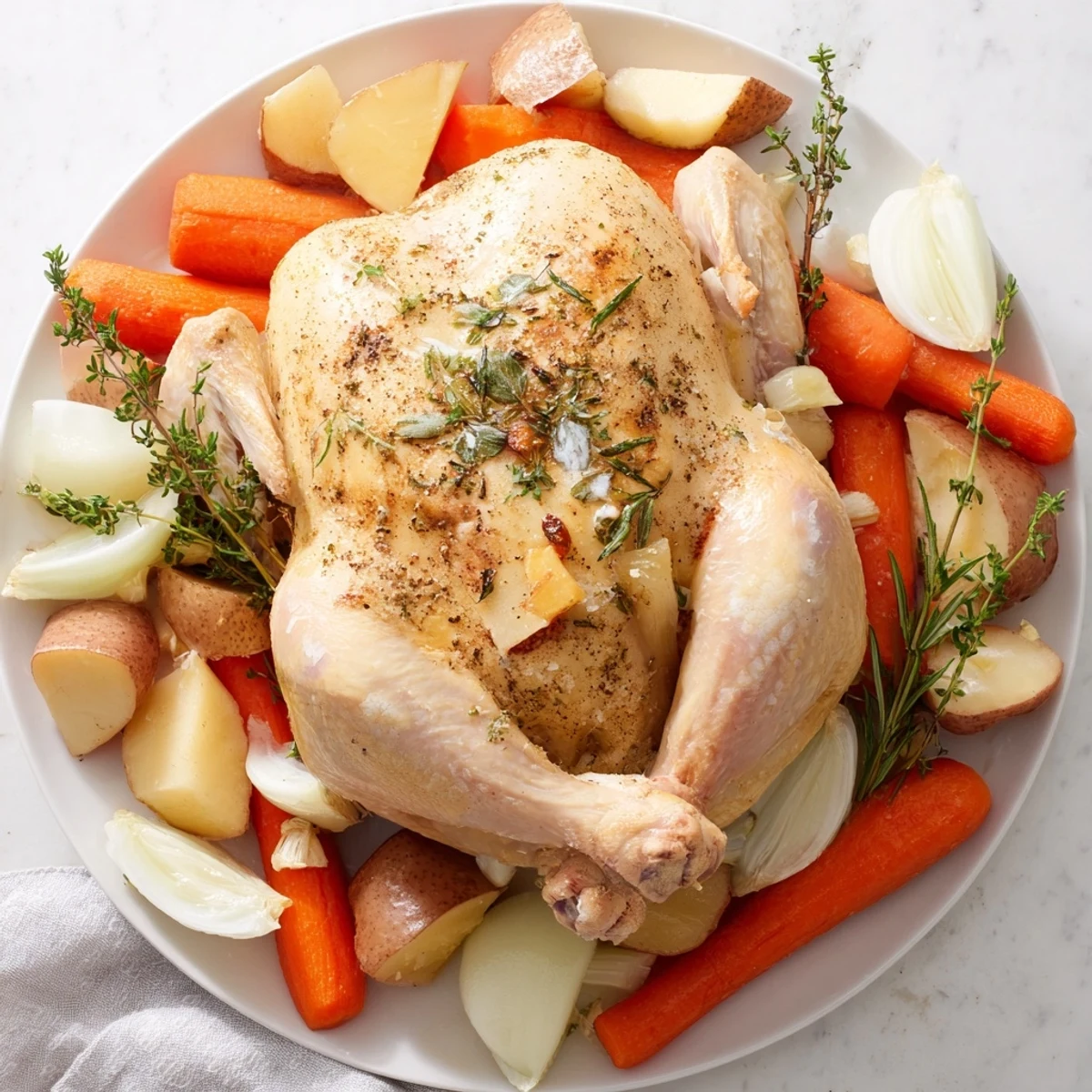 Family-style slow cooker meal featuring juicy whole chicken with fork-tender vegetables in a delicious homemade gravy