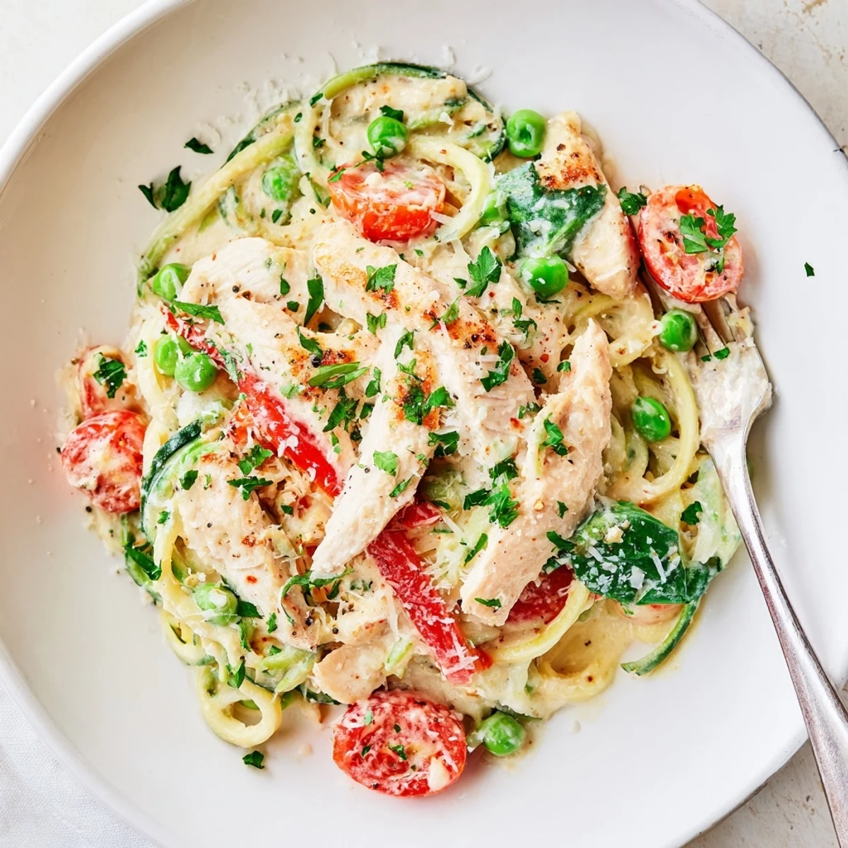 Creamy zucchini noodle chicken Alfredo bowl topped with juicy chicken strips and colorful vegetables
