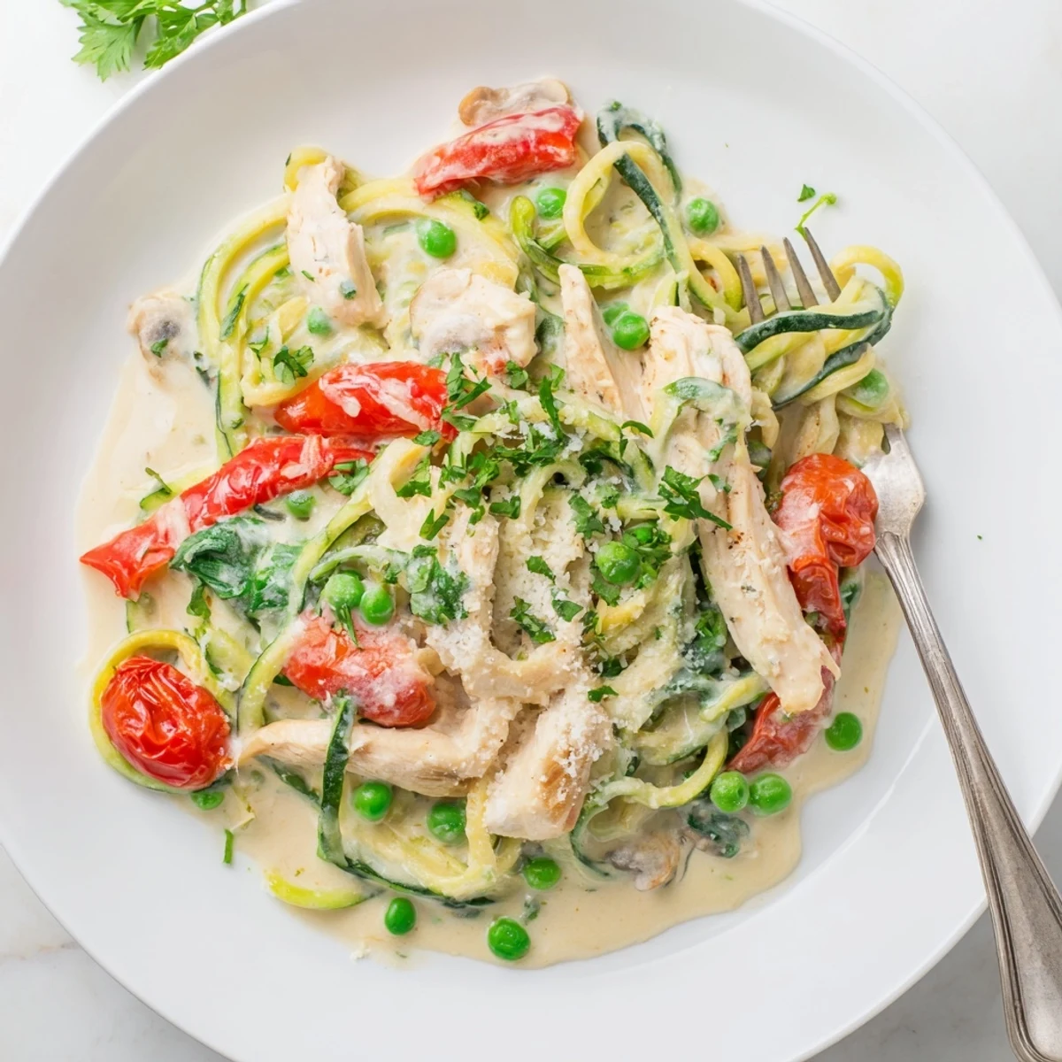 Golden pan-seared chicken served over spiralized zucchini noodles in rich white Parmesan cream sauce