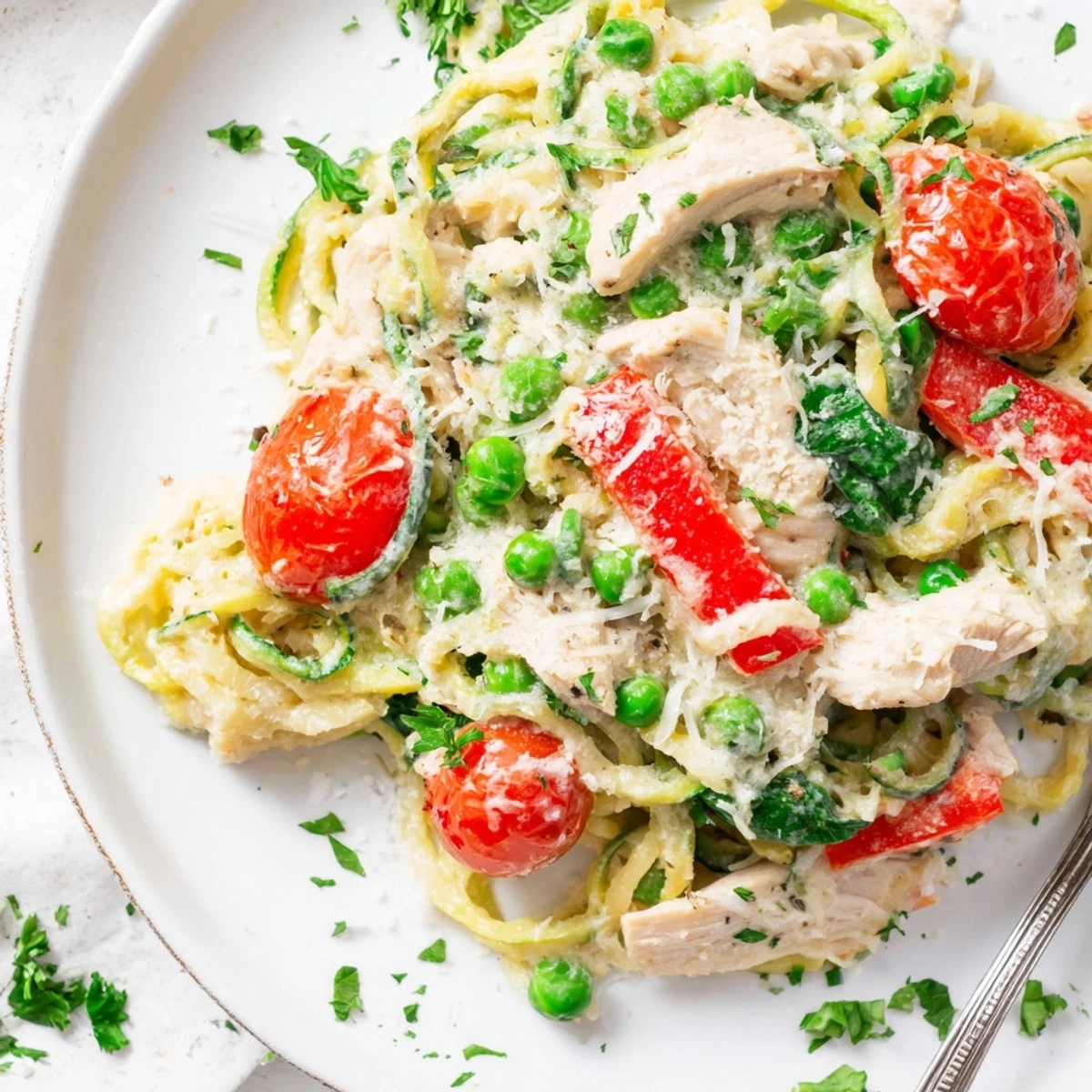 Protein-packed zucchini noodle chicken Alfredo featuring tender breast pieces with bell peppers and cherry tomatoes
