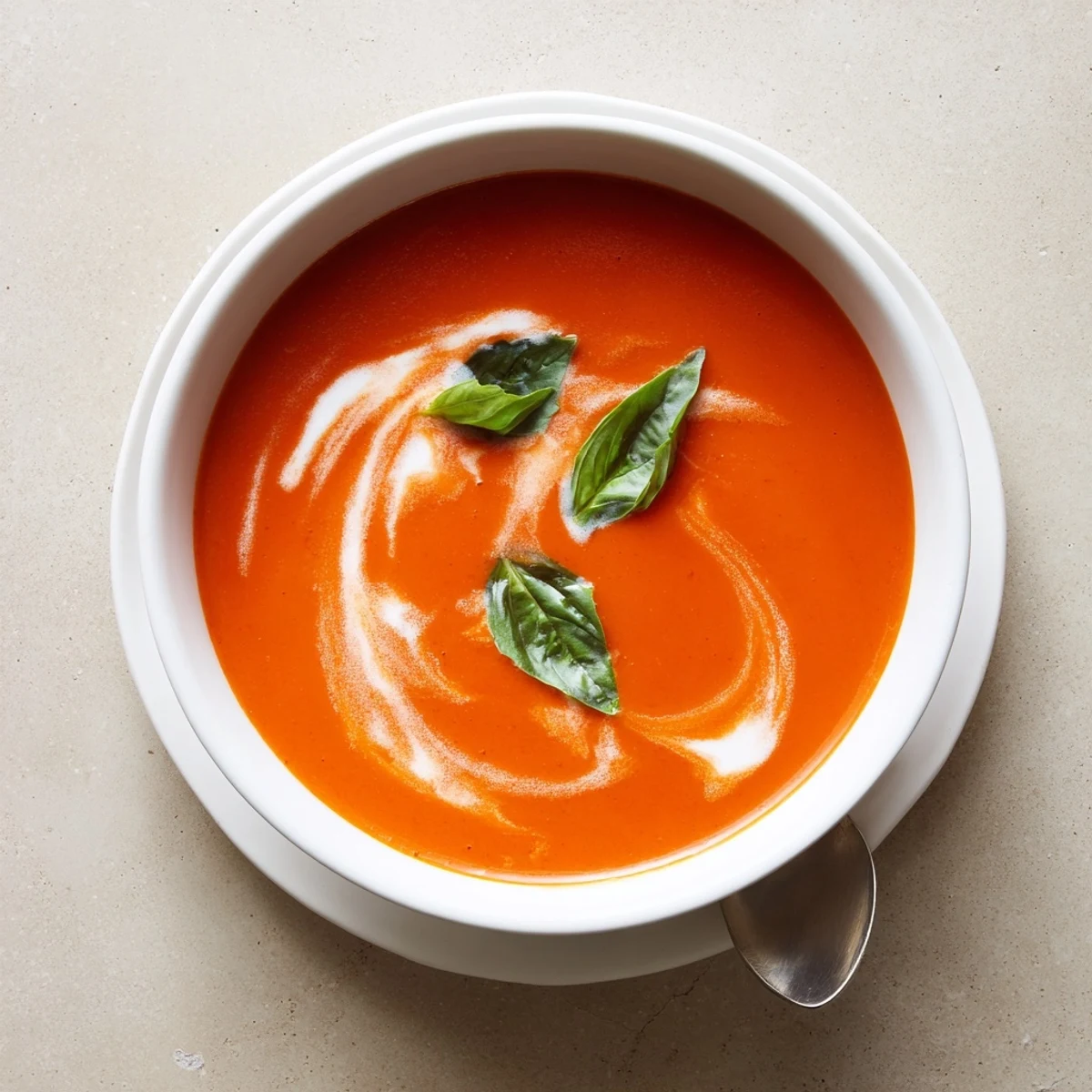 Creamy cozy tomato soup garnished with fresh basil and a drizzle of heavy cream in a white bowl