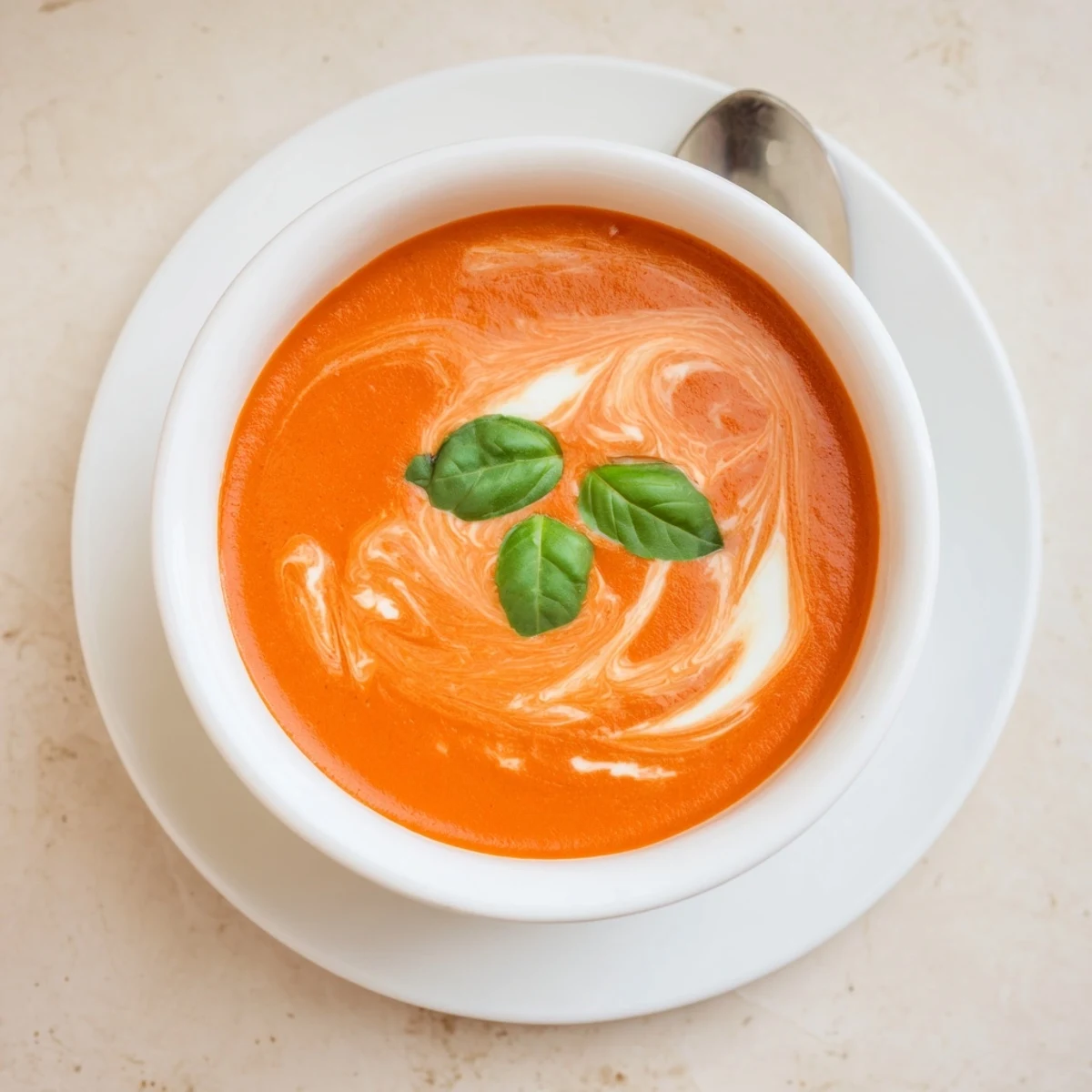 Velvety cozy tomato soup with swirls of cream and basil leaves, served alongside grilled cheese sandwich