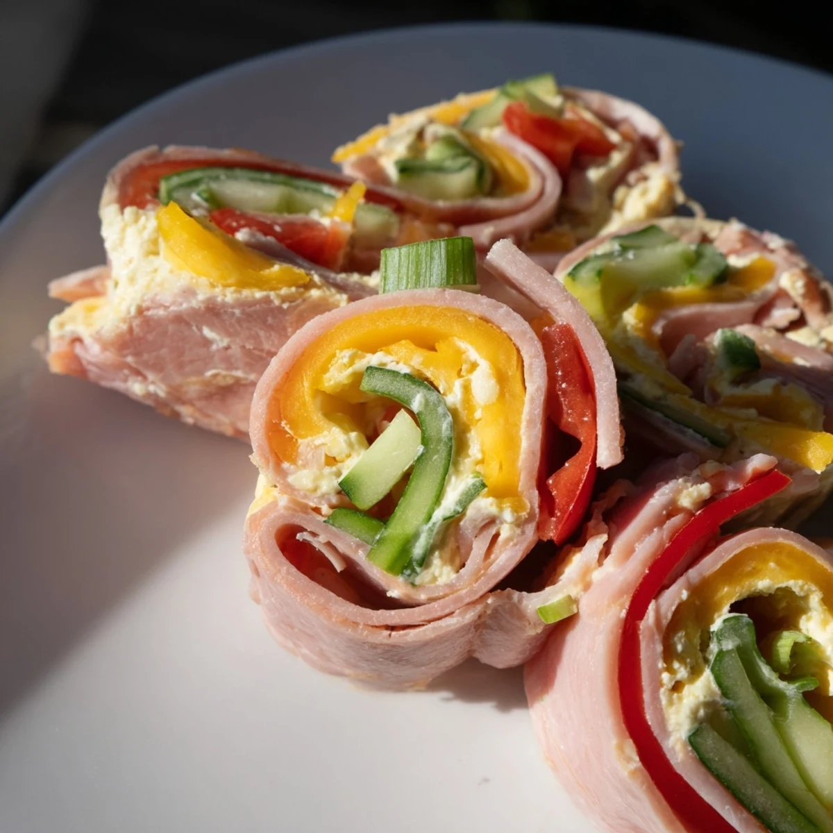 Plate of keto ham roll ups filled with cream cheese and crisp julienned vegetables